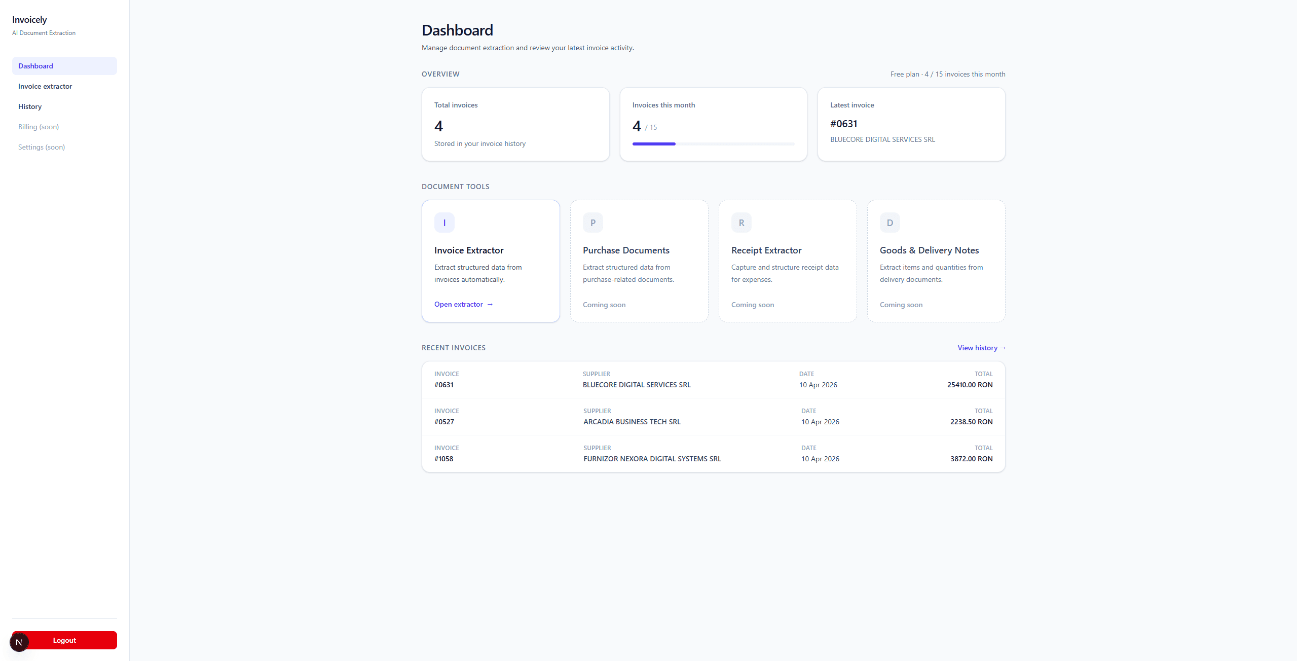 Invoicely dashboard showing invoice usage, document tools and recent invoices.