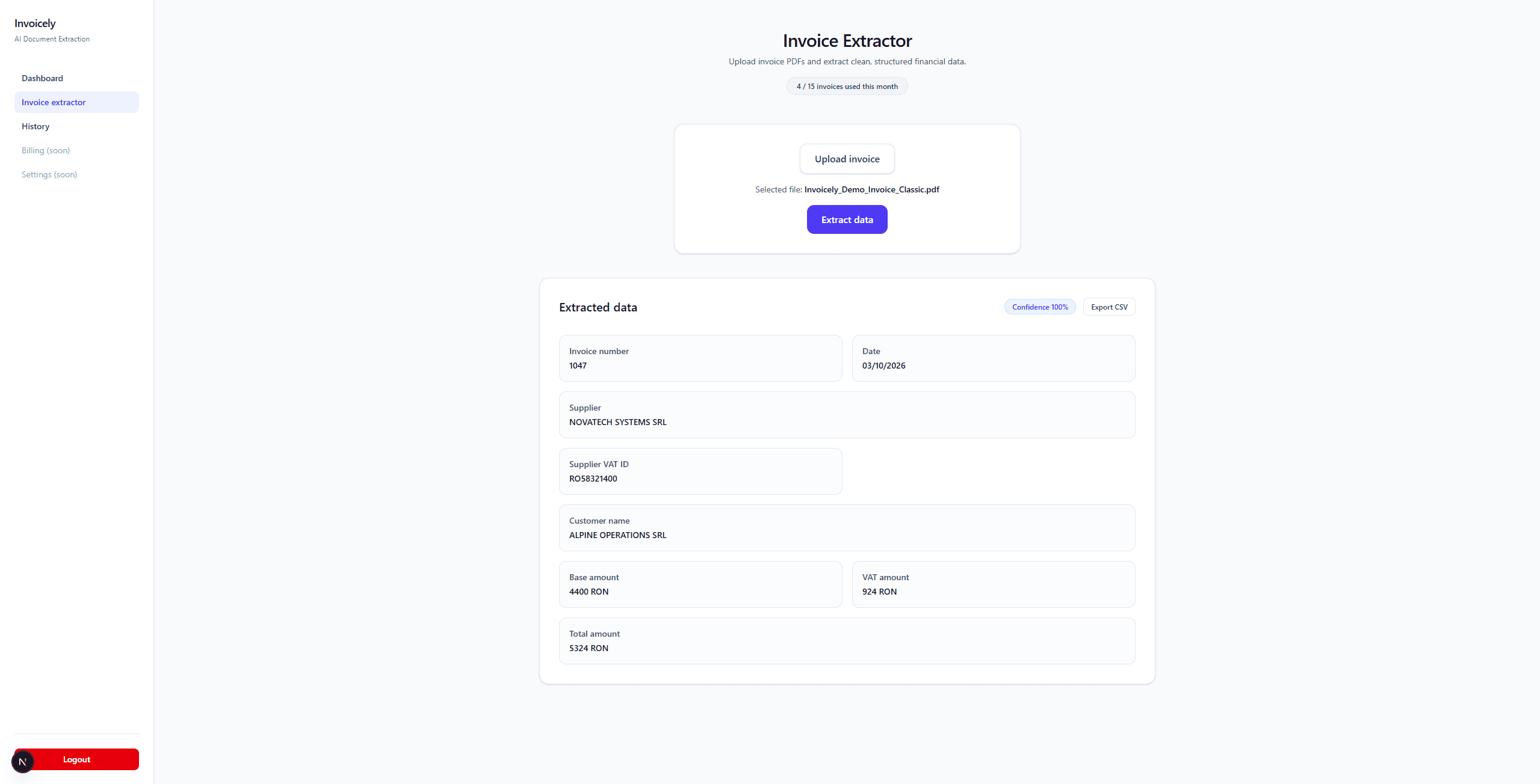 Invoicely invoice extractor showing the uploaded invoice and extracted supplier, customer, VAT and total fields.