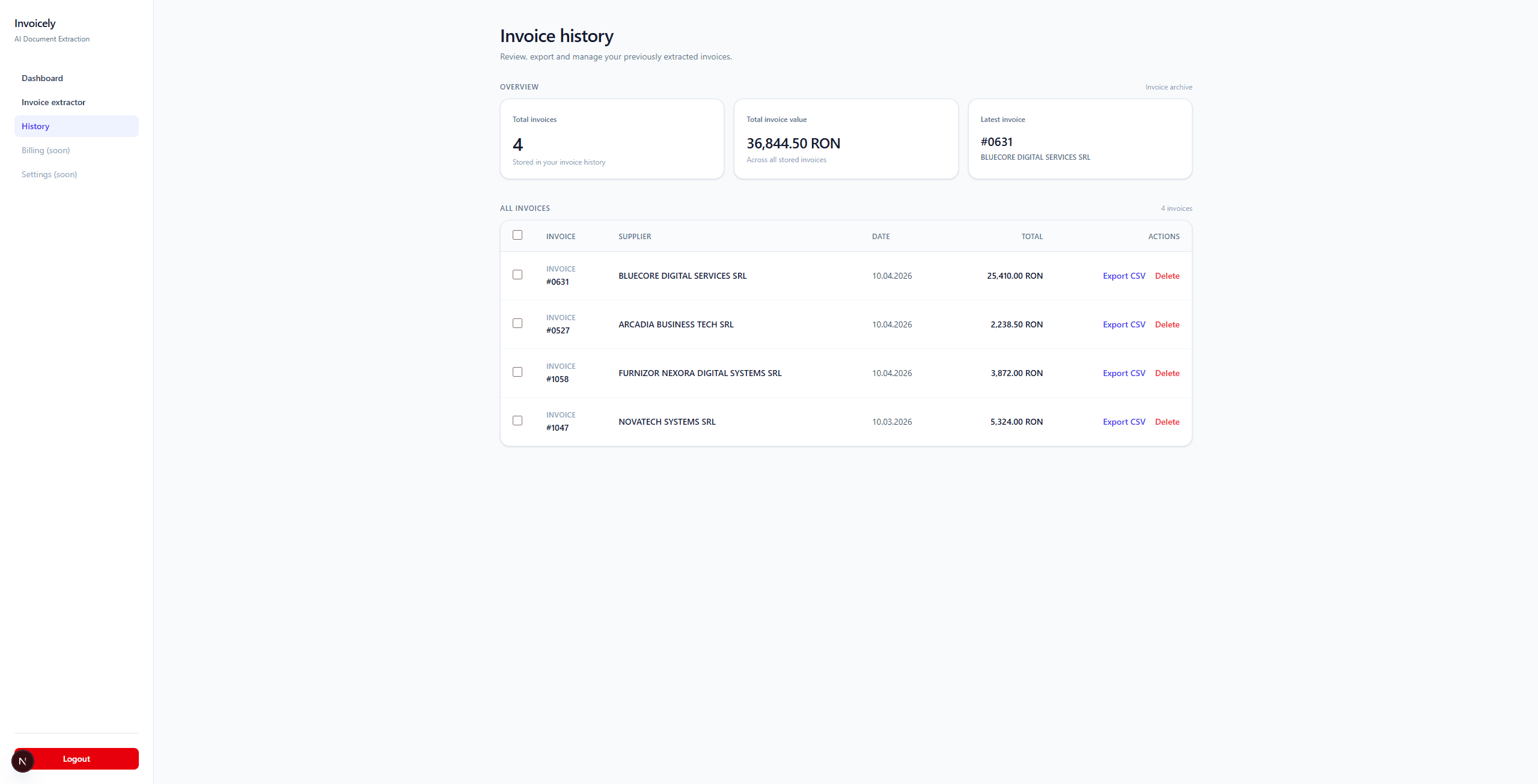 Invoicely invoice history showing invoice summaries and a table of previously extracted invoices.