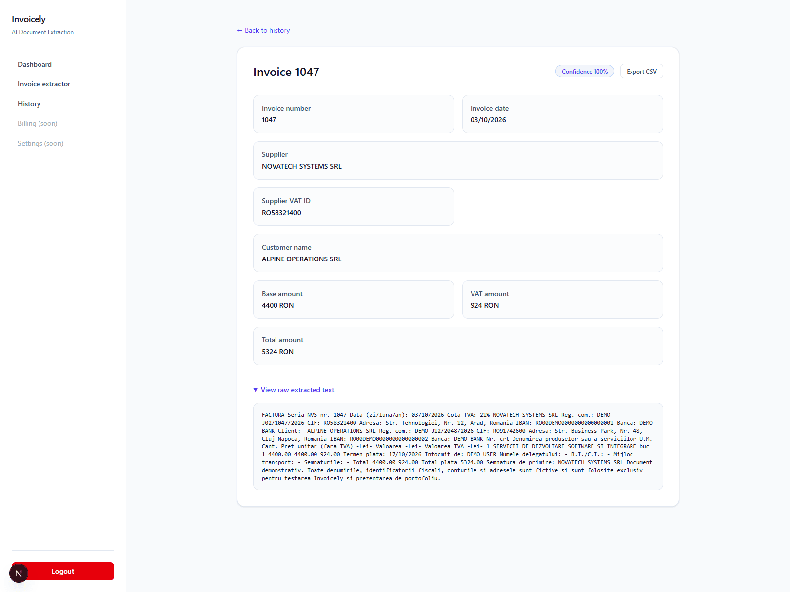 Invoice 1047 detail with its confidence indicator, structured invoice fields and expanded raw extracted text.